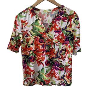 Palm Harbor Tropical Watercolor Leaves Quarte Button Pull Over Shirt Petite M